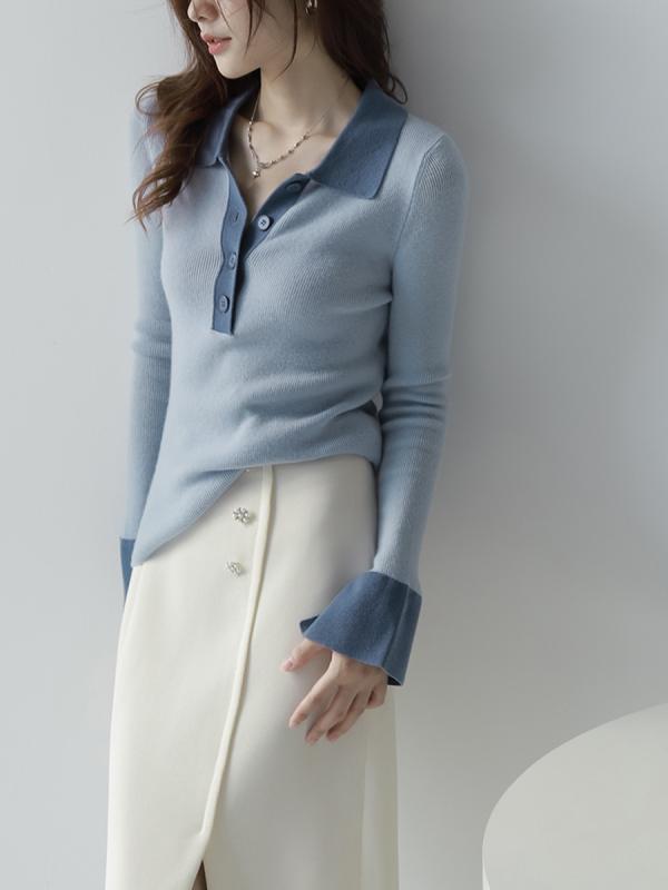 秋冬 レディース 通勤 ポロ領 羊毛 ニットセーター 袖口 切り替え 高級感 プルオーバー 洗練 デザイン 接触冷感 軽量 吸湿速乾 再生繊維 ブラック ピンク系