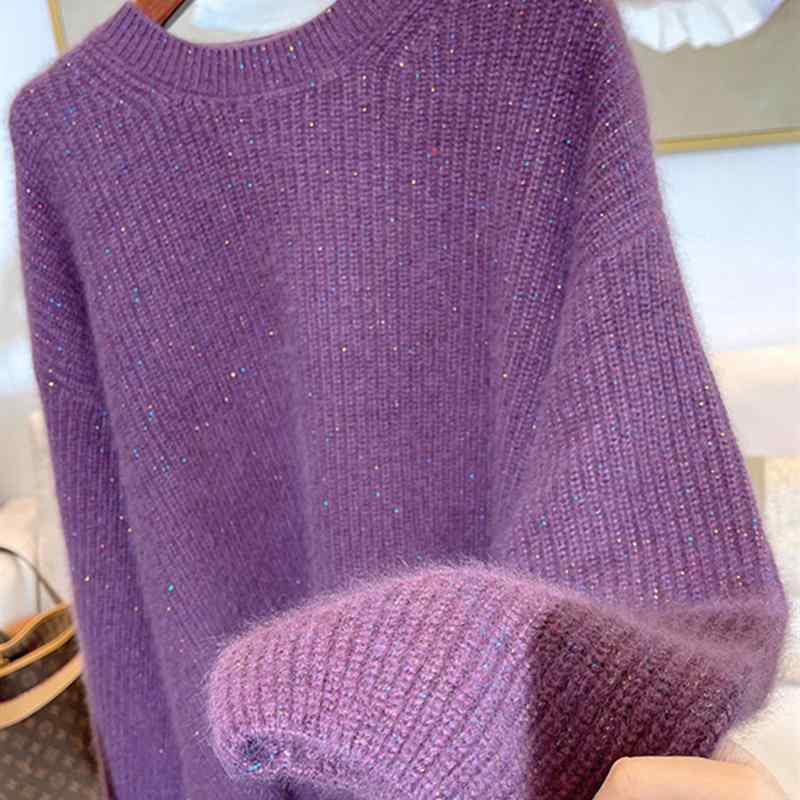 ニット レディース 秋冬 高級感 紫色 ラッコーン風 ふわふわ素材 暖か ゆったりフィット カジュアル デザイン スタイリッシュ 欧風 スタイル リラックス モダン 感 ソフトタッチ