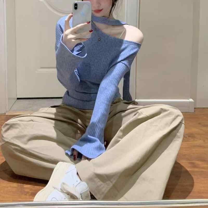 レディース ニット トップス フランス風 高級感 ハルターネック リボン ライトブルー 春 オフショルダー 長袖 2点セット 甘辛