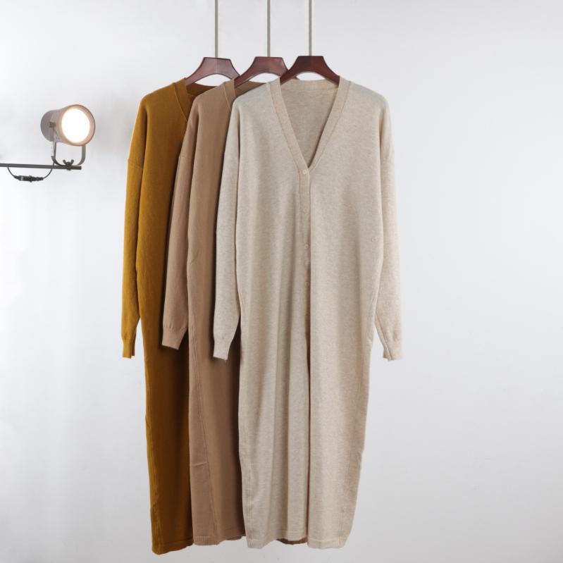 ワンピース レディース 秋冬 ニット 中長丈 過膝 Vネック 気質 デザイン スリム 細見え 接触冷感 再生繊維