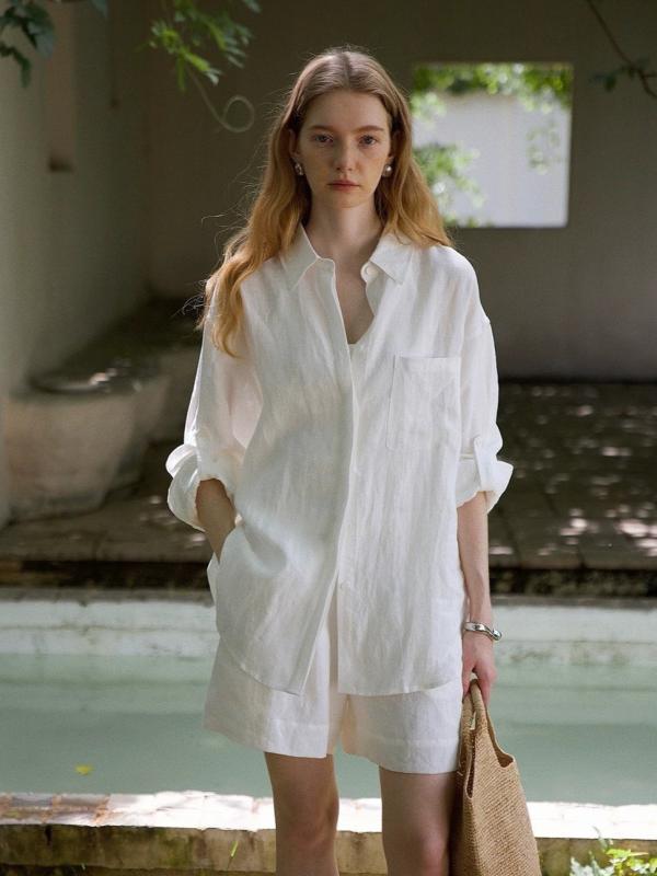 レディース 春夏 ゆったり リネン シャツ ショーツ セット ホワイト 単色 リラックス スタイル 廓形 随性 老钱風