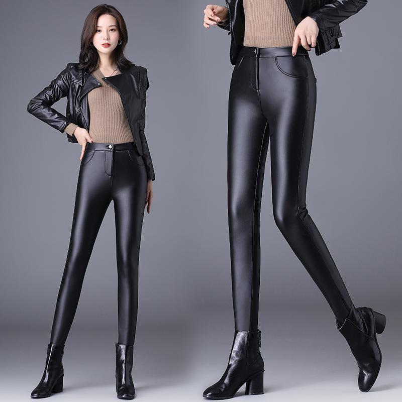 レディース 細脚タイトパンツ 秋冬暖かストレッチ ハイウエスト 大きいサイズ レザー風 マット 羊皮