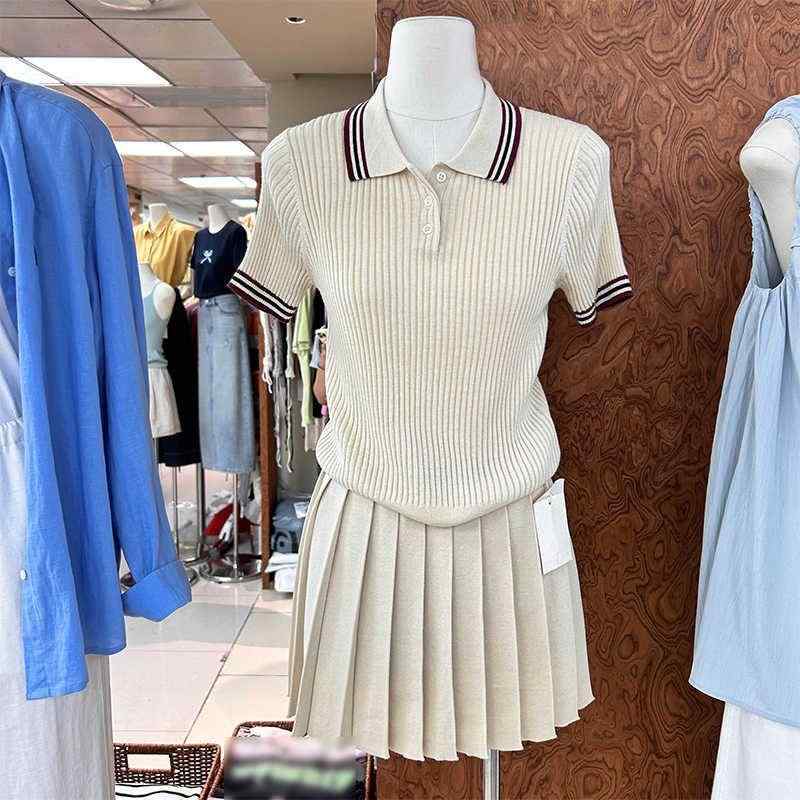 春夏 レディース 韓国風 折り襟 ボタン プルオーバー Tシャツ コントラスト ストライプ ゆったり 短袖 ..