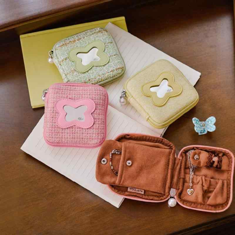 ジュエリーポーチ 旅行用 多機能 携帯ミラー付き バタフライケーキデザイン 収納ボックス かわいい ポータブル ジュエリーケース アクセサリー整理 コンパクト トラベルグッズ