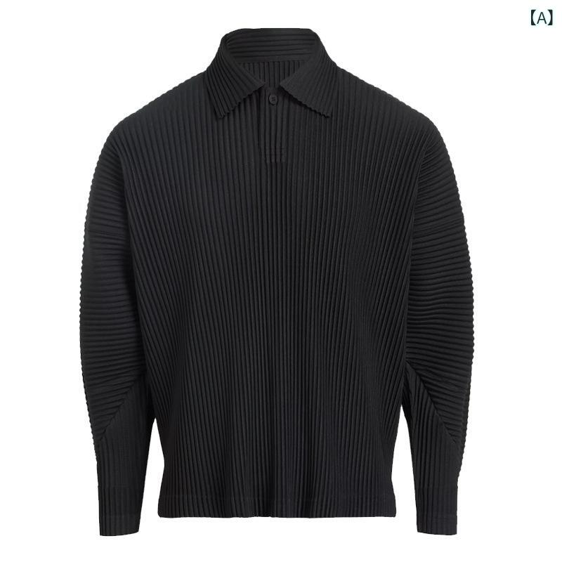 ポロシャツ メンズ クラシック プリーツ ゆったり ルーズ カジュアル 長袖 無地 単色 トップス シャツ 日常使い スタイリッシュ