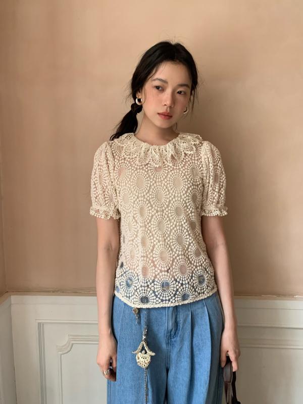 レディース 春夏 フレンチスタイル 透け感 クロシェ レース ブラウス 肌触り テクスチャー スタイリッシュ トップス 切り替え デザイン