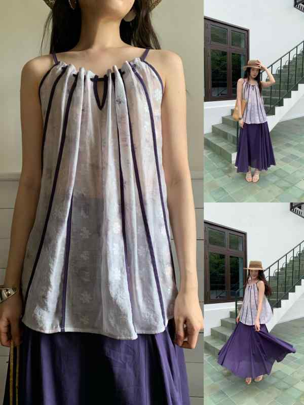 キャミソール レディース 春夏 シースルー かわいい 若返り 薄手 ライトパープル 切り替え 吊り紐 軽量 涼感 フェミニン ガーリー カジュアル デイリー