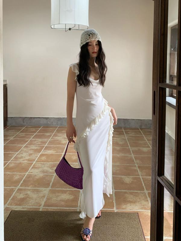 レディース ワンピース 春夏 フレンチスタイル 名媛風 絶美 木耳レース縁 サイドスリット ノースリーブ..