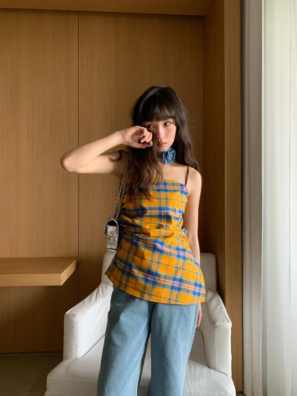 レディース 春夏 かわいい チェック柄 吊帯 キャミソール タンクトップ 外穿 減齢 若見え トップス 軽量 吸湿速乾 綿素材 ピンク系