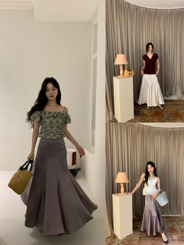 スカート レディース 春夏 フレンチ エレガント 包臀 魚尾 ミディ丈 アセテート サテン 光沢 高級感 滑..