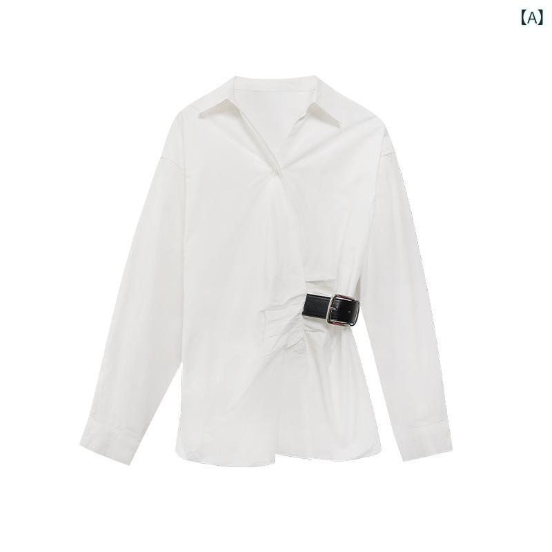 シャツ レディース 長袖 高級感 アシンメトリー デザイン ウエストシェイプ ブラウス トップス 切り替え 生地 軽量 通勤 着用