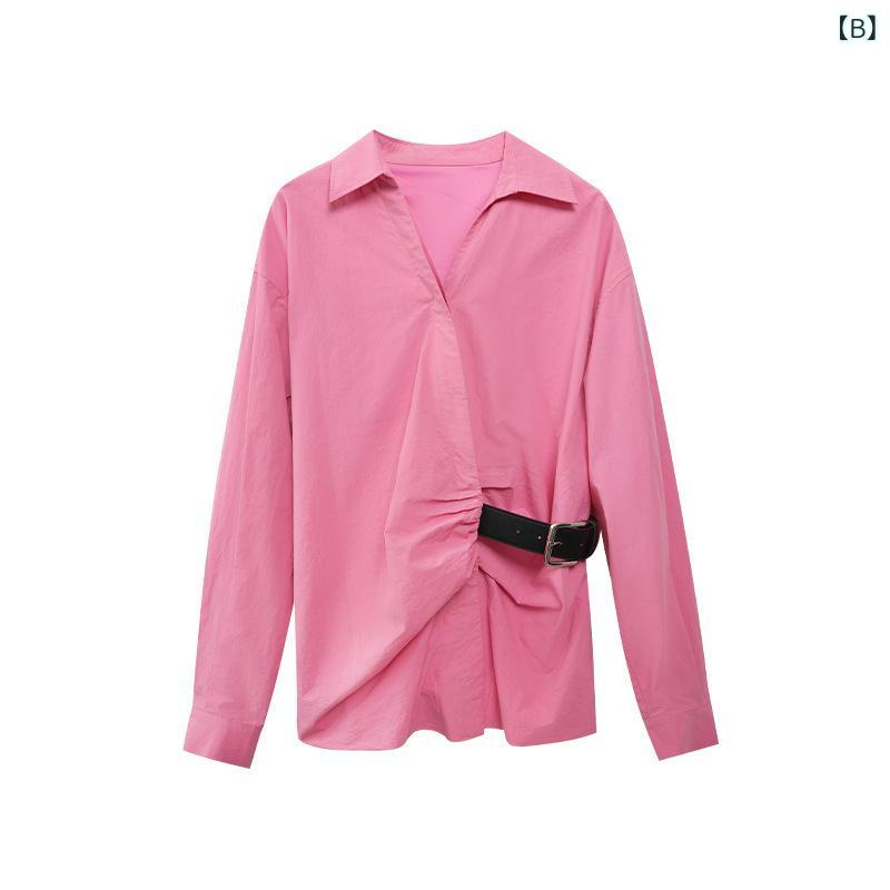 シャツ レディース 長袖 高級感 アシンメトリー デザイン ウエストシェイプ ブラウス トップス 切り替え 生地 軽量 通勤 着用