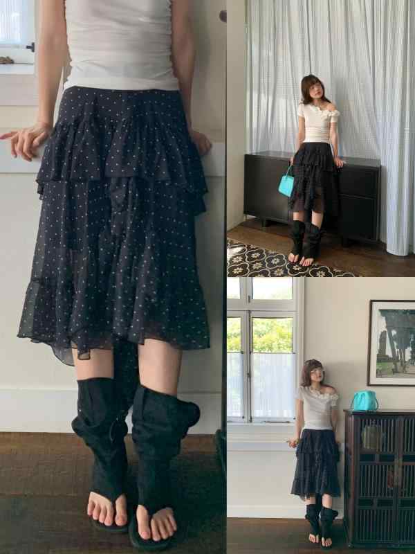スカート レディース 春夏 フレンチスタイル アシンメトリー フリル 切り替え ポルカドット 細見え