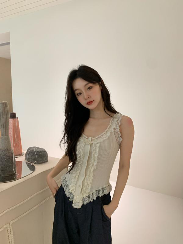 レディース 春夏 キャミソール レース フリルエッジ ストラップ ノースリーブ ストレッチ スリムフィット 弾力 修身 吊帯 無袖 背心 女性用 甜辣 デザイン