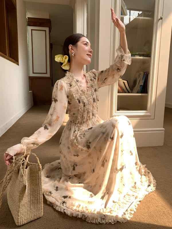 ワンピース レディース 春夏 フレンチスタイル ドレープ 小花柄 木耳フリル ティータイム 絶美 垂れ感 ..