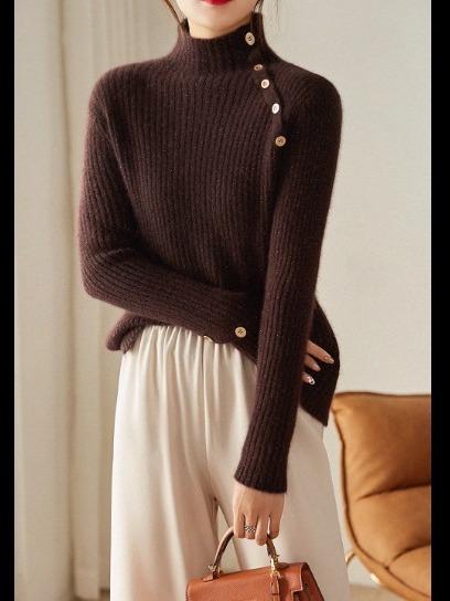 秋冬 レディース 羊毛 ニットセーター ハーフハイネック シングルボタン スリム リブストライプ エレガ..