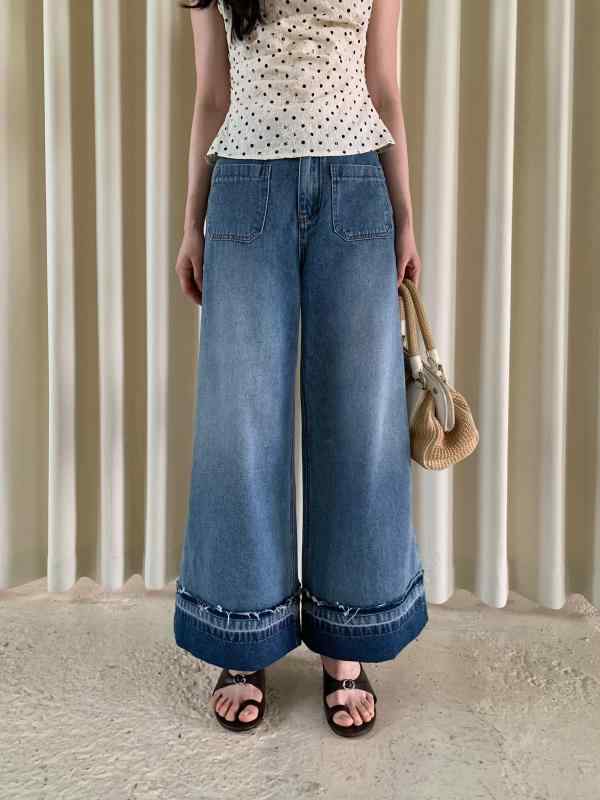 デニムパンツ レディース 春夏 フレンチ レトロ ウォッシュ ライトブルー ロールエッジ フラッフィ ストレート 軽量 吸湿速乾