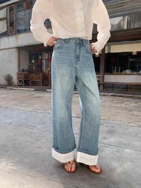 春夏 レディース デニムパンツ ワイドレッグ ストレート レース 巻き縁 フレンチスタイル ファッション