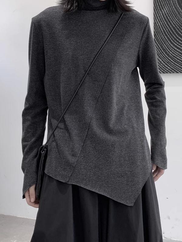 秋冬 レディース 長袖 インナー トップス 無地 不規則 切り替え デザイン 起毛 ふんわり 襟