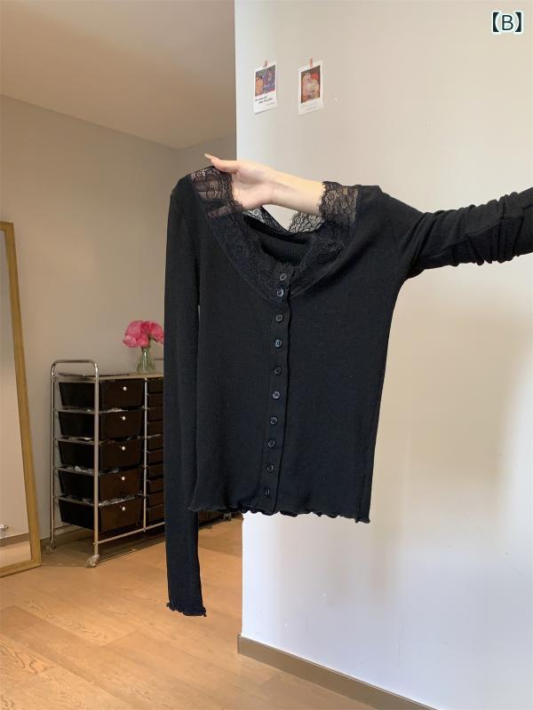 レディース 長袖 カーディガン 秋冬 韓国風 レース ボタン フェミニン トップス デザイン