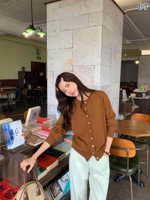 カーディガン レディース 秋冬 薄手 ニット ラウンドネック 修身 スリム スタイルアップ かわいい デザイン