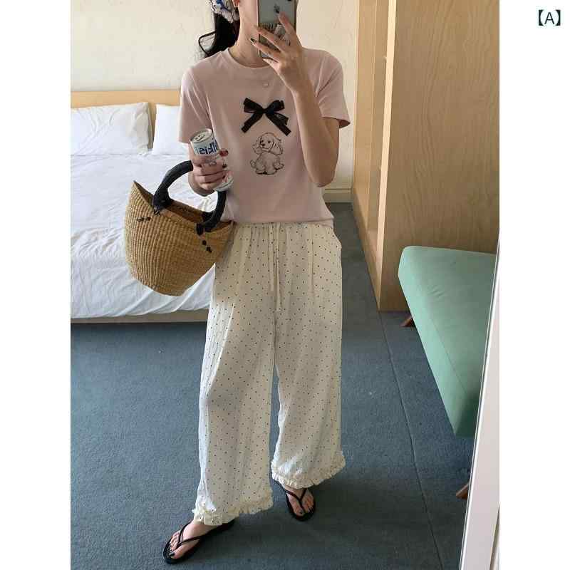 レディース ワイドパンツ インフルエンサー風 軽量 切り替え ポルカドット柄 フリンジエッジ ゆったりシルエット 通勤 デイリー