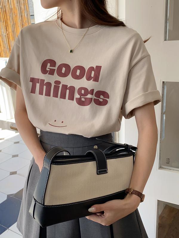 Tシャツ レディース 春夏 韓国風 ゆったり 優しい アルファベットデザイン 正肩 短袖 トップス 日常使い 軽やか 綿混 ベーシック コーデ フェミニン スタイリッシュ シンプル カジュアル モード