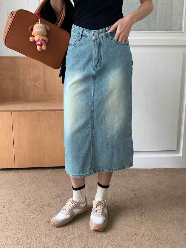 レディース デニムスカート ミディ丈 ハイウエスト V字デザイン スリム効果 ヴィンテージ加工 サイドスリット アイスブルー 接触冷感素材 吸湿速乾 軽量 通勤 通学 秋冬 春夏