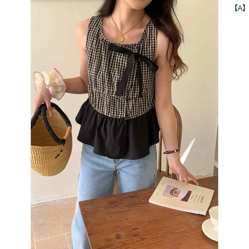 レディース 無袖キャミソール 立体蝶結び 韓国風 チェック柄 切り替え フリルエッジ トップス 軽やか デザイン