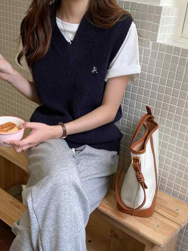 レディース ニットベスト 刺繍 フレンチスタイル ブロガー風 デザイン性 秋冬 トップス インナー 軽量 綿混 切り替え かわいい レイヤード