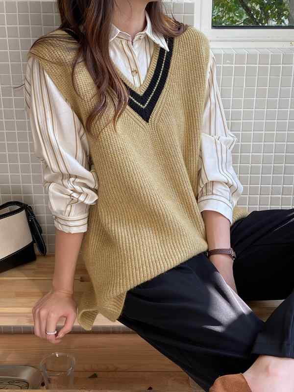 ニット ベスト レディース コントラストカラー Vネック デザイン 重ね着 秋冬 フレンチスタイル 軽量 吸湿速乾