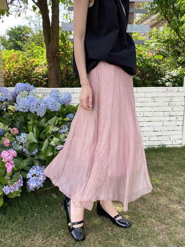 スカート レディース ハイウエスト プリーツテクスチャー レース ミディ丈 韓国風 優しい 伸縮 チュール ソフト素材 シルエット 日常使い ファッション カジュアル