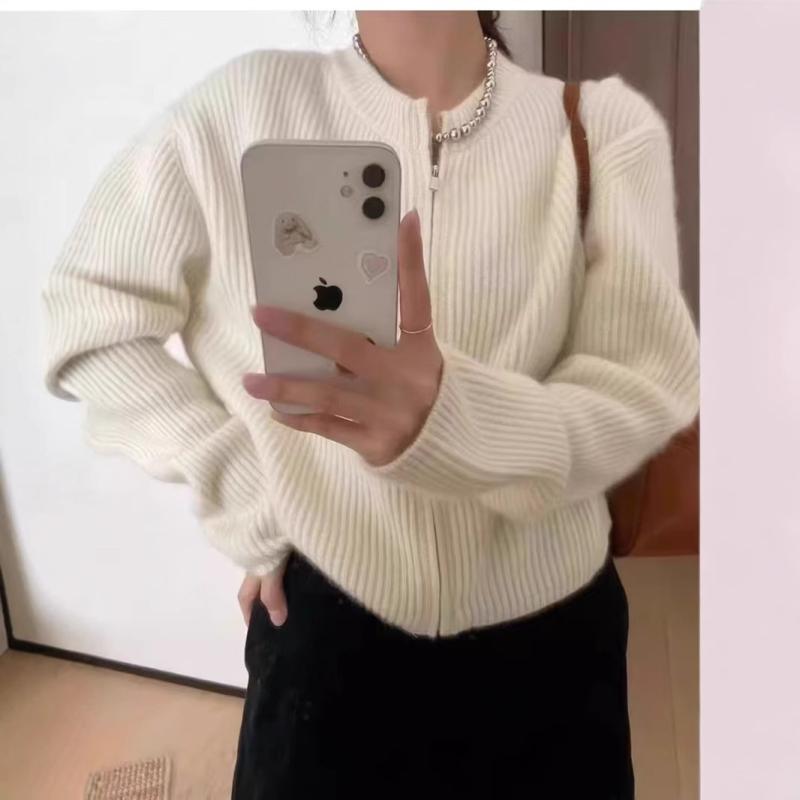 秋冬 レディース 羊毛 カシミヤ ニット カーディガン ゆったり ジッパー 無地 リラックス風 アウター トップス
