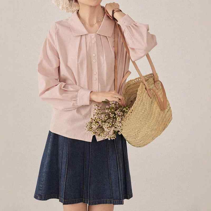 レディース ブラウス シャツ 長袖 襟付き プリーツ ピンタック フレンチスタイル レトロ ヴィンテージ風 上品 きれいめ 大人可愛い 通勤 オフィス カジュアル 秋物 ピンク