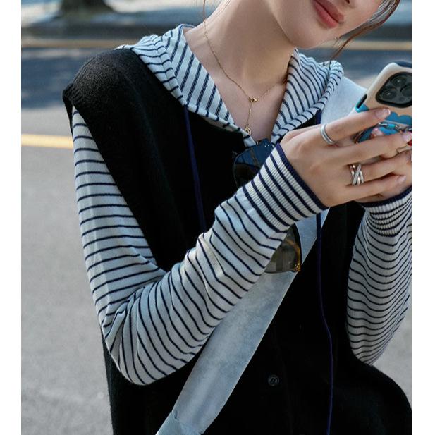 Rakuten - レディース スウェット カーディガン ニット ストライプ フード付き ジップアップ フリル 大人可愛い きれいめ カジュアル 楽ちん 羽織り 春