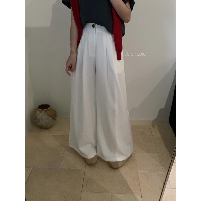 Rakuten - レディース ワイドパンツ 落ち感 ロング丈 レトロ ワンボタン タック ウエストゴム カジュアル 体型カバー 脚長効果 上品 きれいめ