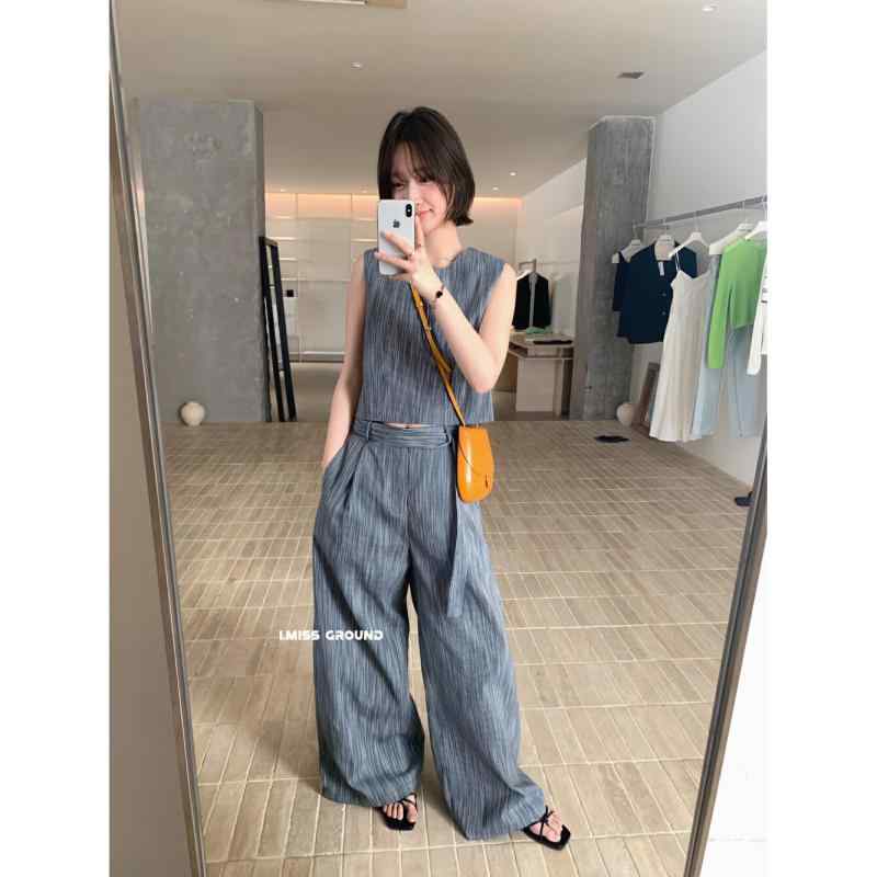 レディース セットアップ 2点セット ストライプ タンクトップ ノースリーブ ワイドパンツ 上品 細見え スタイルアップ きれいめ カジュアル 夏