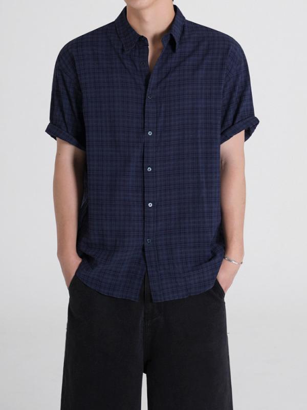 Long-Sleeve （Shape Holding） - メンズ シャツ カジュアルシャツ トップス 半袖 チェック柄 ポロ襟 襟付き 前開き ゆったり ビッグシルエット ヴィンテージ風 レトロ 韓国ファッション トレンド おしゃれ かっこいい 楽ちん 春 夏