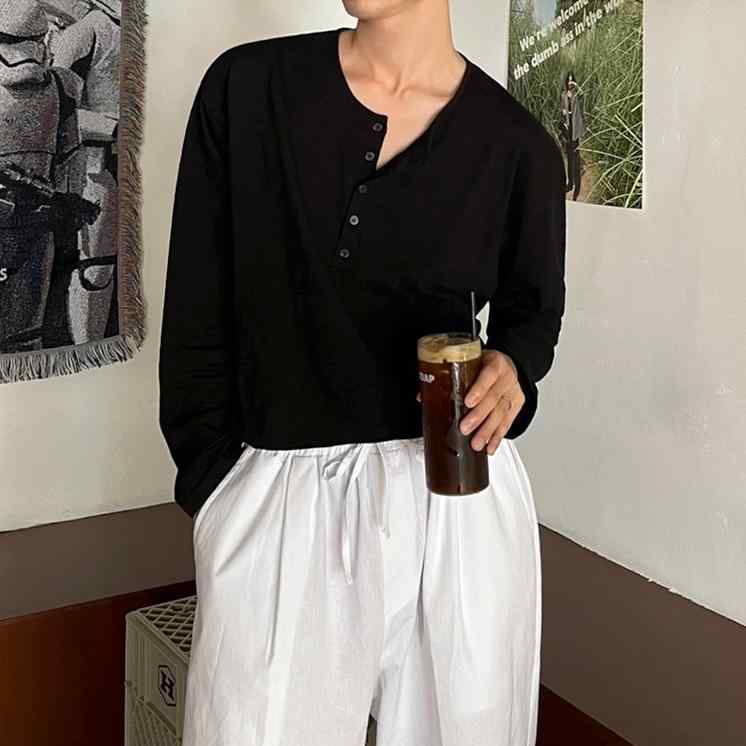 乐天商城 - メンズ Tシャツ 長袖 ヘンリーネック ゆったり オーバーサイズ ビッグシルエット 落ち感 韓国ファッション トレンド カジュアル インナー カットソー トップス 秋 快適 楽ちん リラックス 部屋着