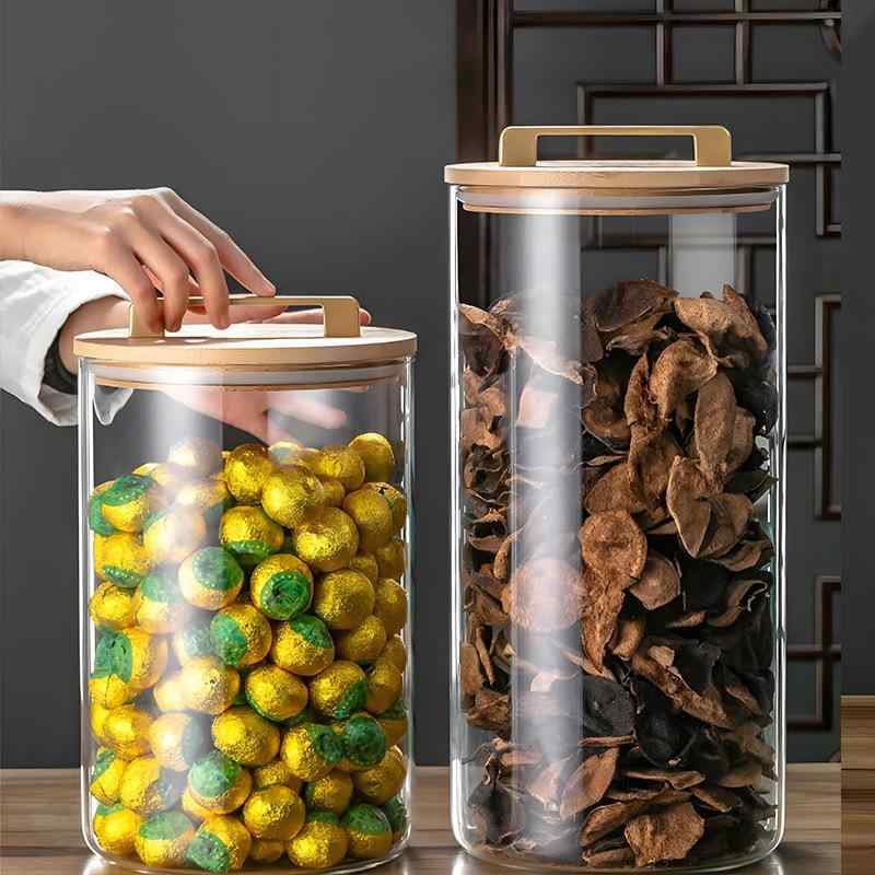 キッチン用品 保存容器 キャニスター 密閉 蓋付き 耐熱ガラス 透明 大口径 竹製フタ 高見え おしゃれ 普段使い キッチン収納 乾物入れ 調味料入れ ガラス瓶 スタイリッシュ インテリア 卓上収納