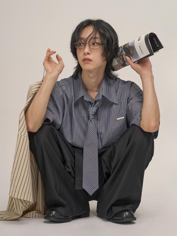 乐天商城 - メンズ シャツ 半袖 ストライプ柄 ゆったり カジュアル スクール風 制服 学生服 男子高生 韓国ファッション 韓流 清潔感 トレンド 爽やか 楽ちん 夏 トップス
