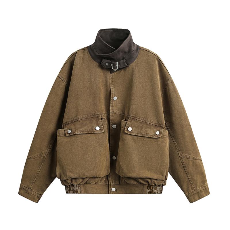 乐天商城 - メンズ ジャケット アウター デニムジャケット スタンドカラー PUレザー 切り替え ウォッシュ加工 ビッグポケット デザイン性 ストリート系 パンク カジュアル 秋冬