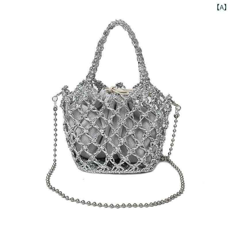 くらしのセロネのレディース ハンドバッグ メッシュバッグ 編み込み 透かし編み ハンドメイド フィッシュネットバッグ ビーチバッグ お洒落 大人可愛い トレンド 旅行 お出かけ カジュアル 夏｜アングル2