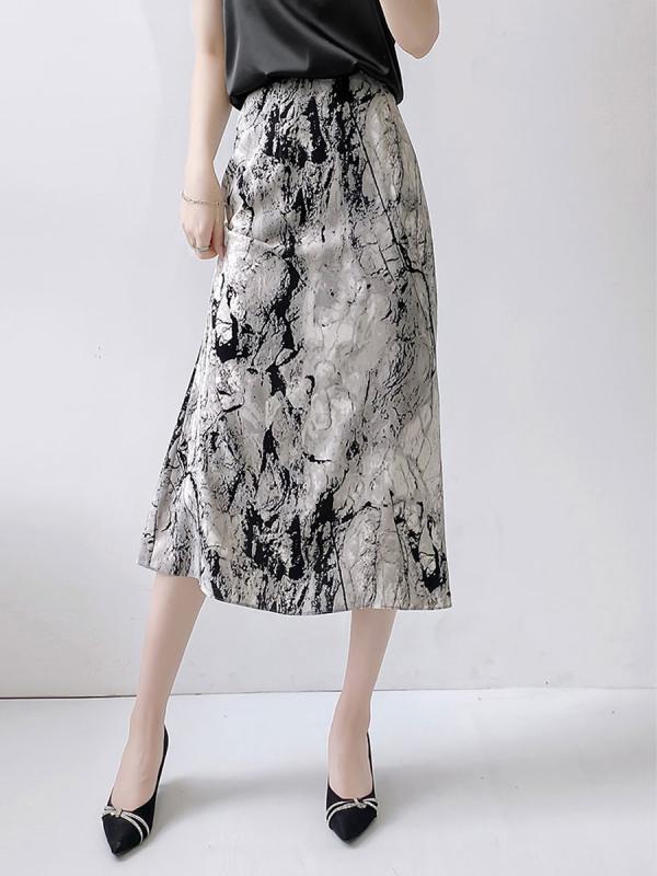 レディース スカート マーメイドスカート ハイウエスト Aライン ミモレ丈 総柄 油絵風 水墨画風 プリント ぼかし柄 高見え 上品 きれいめ 大人可愛い 体型カバー スタイルアップ 薄手 春 夏
