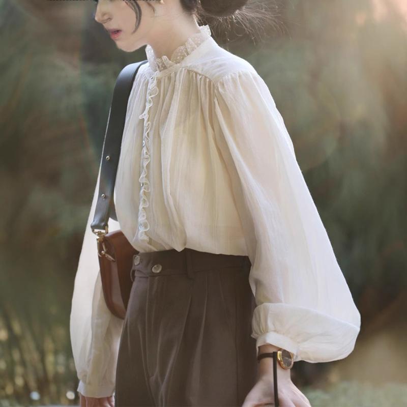 レディース ブラウス 長袖 フレンチレトロ レース襟 フリルカラー パフスリーブ チュール シアー 透け感 薄手 上品 大人可愛い きれいめ お洒落 デート カジュアル 通勤 春 夏 アプリコット ブラック