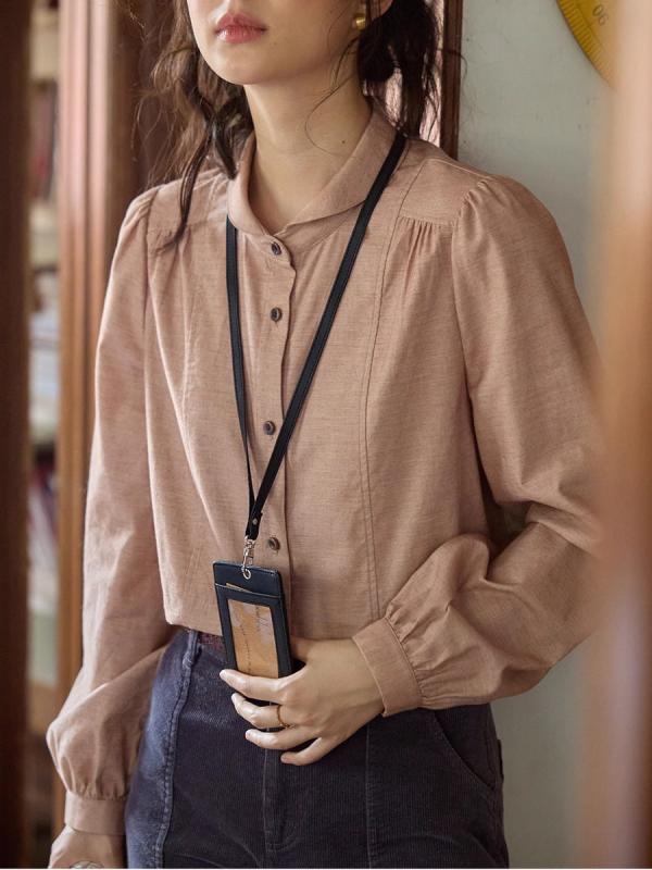 レディース シャツ ブラウス パフスリーブ ポロ襟 長袖 フレンチレトロ ヴィンテージ風 秋冬 上品 大人可愛い 高見え 通勤 きれいめ オフィス カジュアル クラシック エレガント