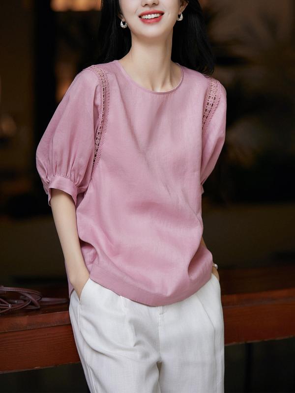 レディース ブラウス トップス 半袖 パフスリーブ リネン 涼しい 通気性 清涼感 きれいめ ナチュラル 大人可愛い カジュアル 着心地 楽ちん 無地 シンプル ピンク 春夏