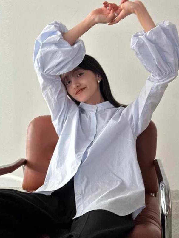 レディース シャツ ブラウス パフスリーブ ボリューム袖 花びら袖 綿100% コットン トップス 大人可愛い きれいめ 上品 通勤 オフィス デイリー カジュアル 春夏