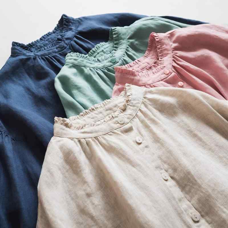 レディース ブラウス シャツ トップス リネン100% 14番手 7分袖 フリル襟 パフスリーブ ゆったり 上質 ナチュラル シンプル きれいめ 通勤 オフィス カジュアル 春 夏 秋