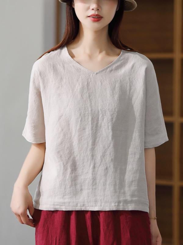 Rakuten - レディース Tシャツ 半袖 Vネック リネン 麻 通気性 細見え シンプル ナチュラル 無地 多色展開 きれいめ 涼しい 大人カジュアル 夏服 トップス デイリー 蒸れにくい